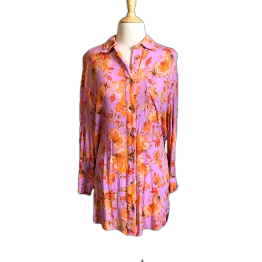 VICI Women's Xsmall Oversized Fun Print Long‎ Sleeve Button Up Rayon Blouse